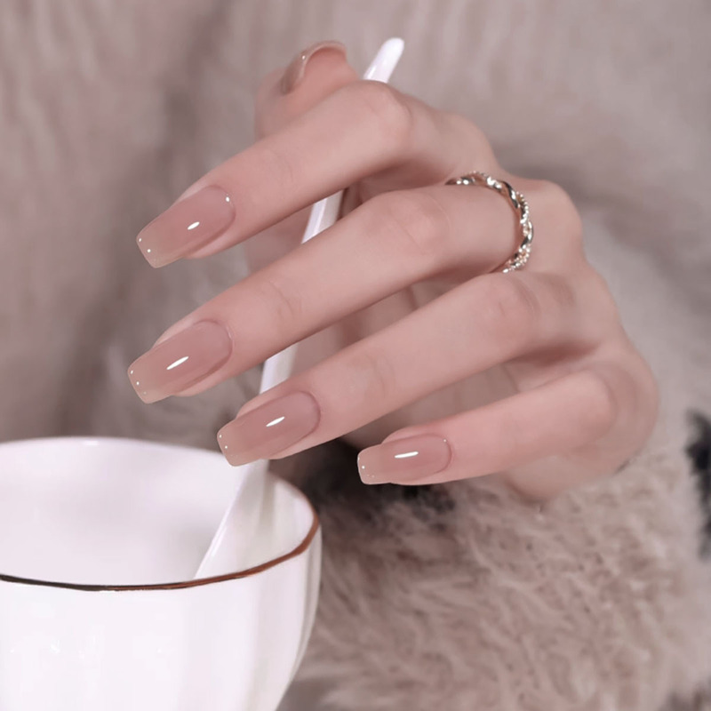 Simple fingernail patch ice through milk tea nude color wearing nail nail piece finished nails white nail art wholesale