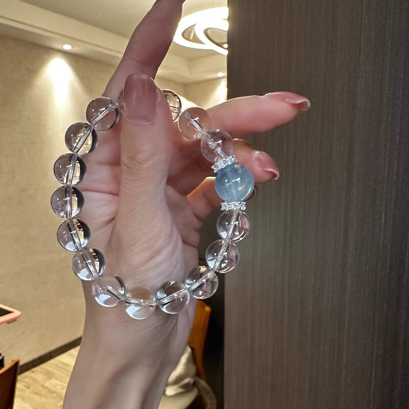 Natural White Crystal Round Bead 12mm Single Circle Bracelet with Aquamarine Single Bead Bracelet Women's Jewelry Fresh and Fashionable
