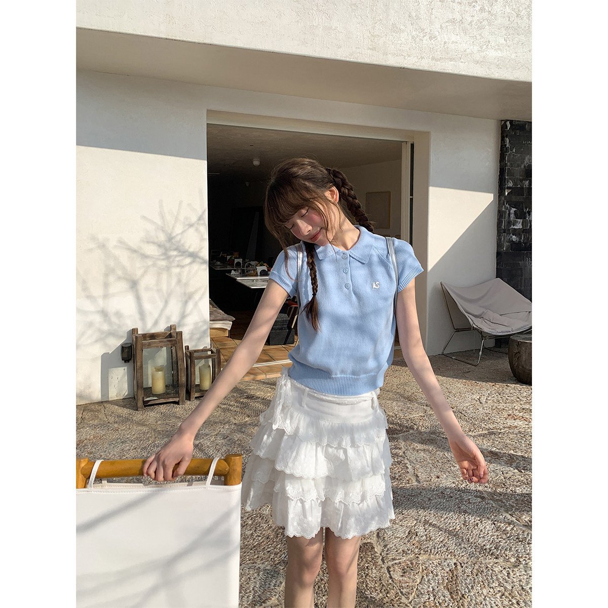 复古刺绣Polo翻领针织衫女夏季气质休闲短袖t恤短款上衣