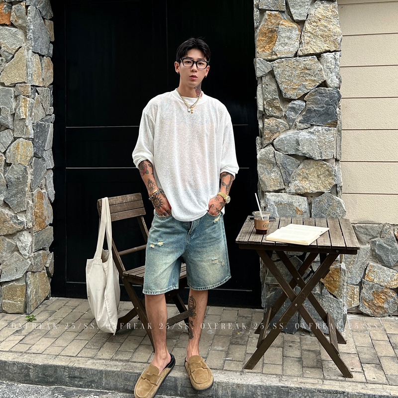 OXFREAK「スノーフレークテクスチャープリーツ」日焼け止め長袖Tシャツメンズ夏薄手レイジールーズボトムストップ|undefined