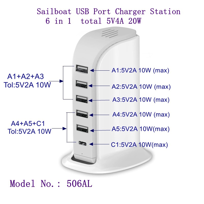 Cargador USB multipuerto de escritorio, 6 puertos, 5V4A 20W, modelo 506AL, carga rápida para teléfonos móviles