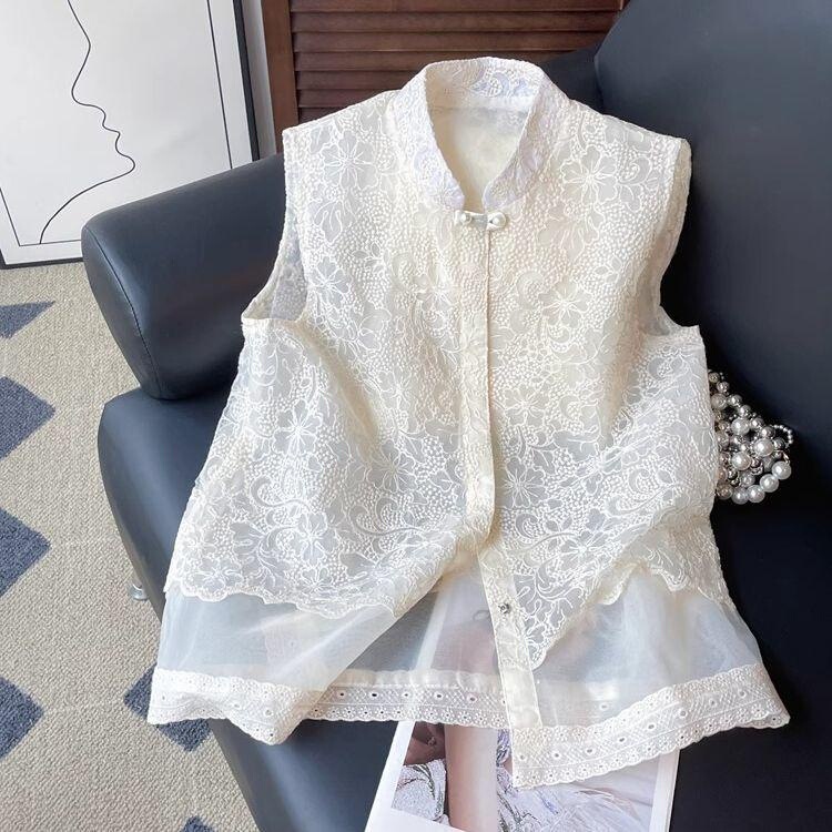 2026 Embroidered Sleeveless Vest New Chinese Style Summer Lace Stand Collar Vest Top Thin Cardigan