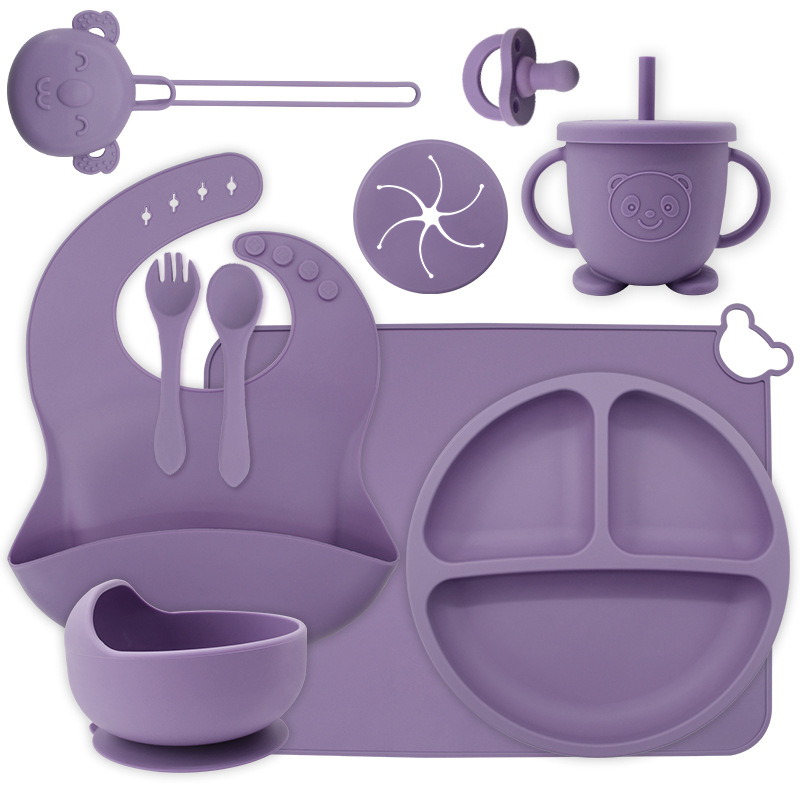 Juego de vajilla de silicona de una pieza, juego de diez piezas, plato de alimentación complementaria para bebés de seis meses, tazón de alimentación independiente para bebés
