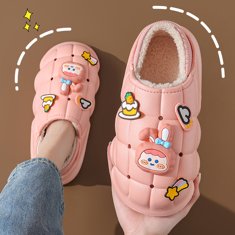 Pareja de invierno Zapatillas de algodón bolsa de mujer talón forrado de lana cálido hogar peludo dibujos animados impermeable slip-on zapatos de algodón de suela gruesa hombres
