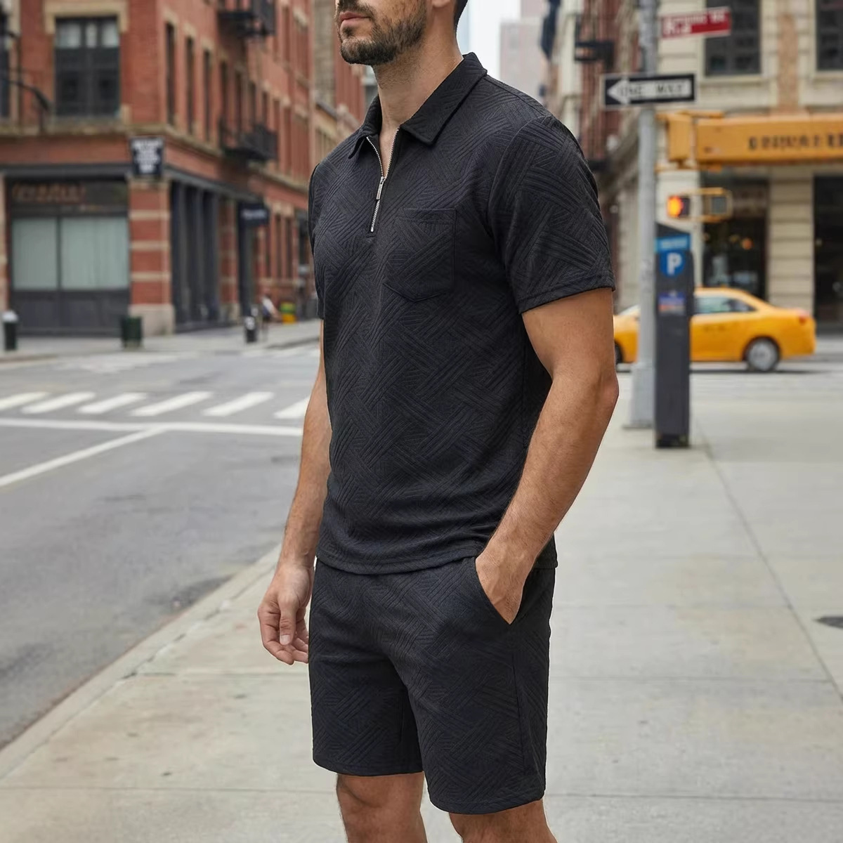 Zweiteiliges Herren-Set aus Waffelstrick, einfarbig, Sommer, Kurzarm, Shorts mit Tasche und Jacquard-Kragen._voghion.com