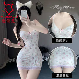 情趣内衣小碎花睡裙蕾丝拼接纯欲风吊带包臀性感家居服睡衣2136