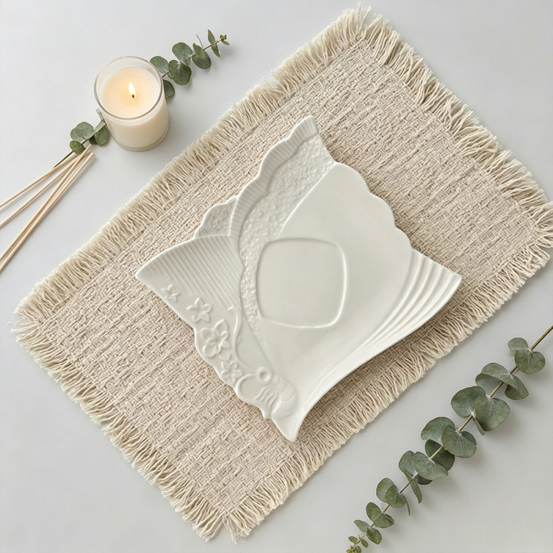 Japanese-Style Vintage Handmade Tassel Placemat, Light Luxury Beige Pure Cotton Napkin Mat, Coaster, Decorative Photography Prop