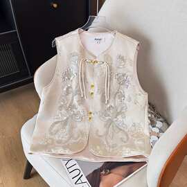 实拍 2025新款夏季新中式珍珠重工亮片马甲女高级感气质背心上衣