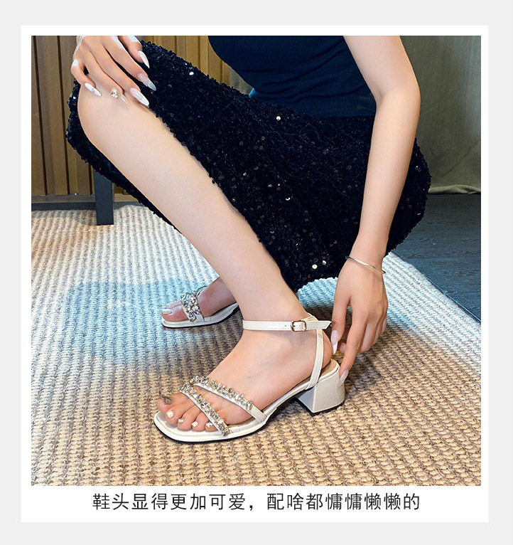 Sandal nữ gót thô 5 cm hở mũi đính đá kiểu Pháp — Màu bạc, Màu mơ, Màu đen chi tiết 13