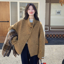 韩系温柔风卡其色双面羊毛大衣女2025秋冬小个子高端短款毛呢外