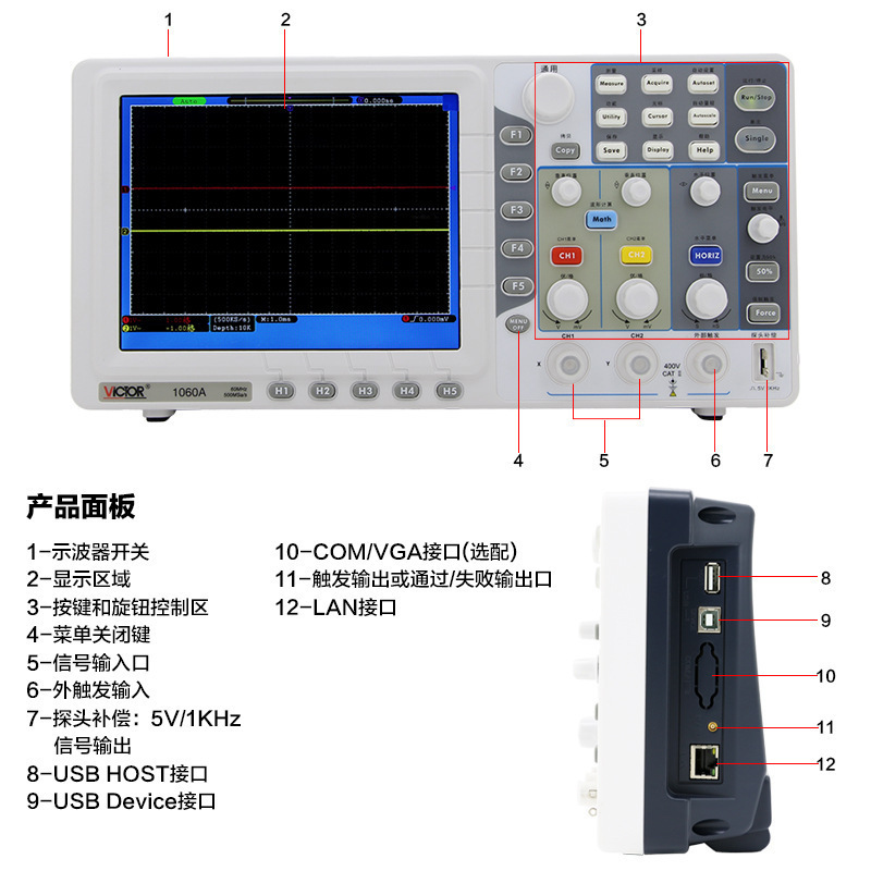 Victor/胜利VC1060A数字存储示波器彩色TFT LCD清晰稳定自动光标