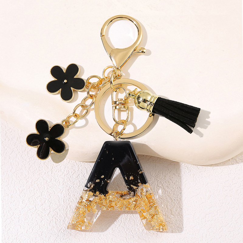Spot Cross-Border Hot Selling Black Flower Initial Keychain Wholesale Resin Letter Keychain Women's Bag Pendant