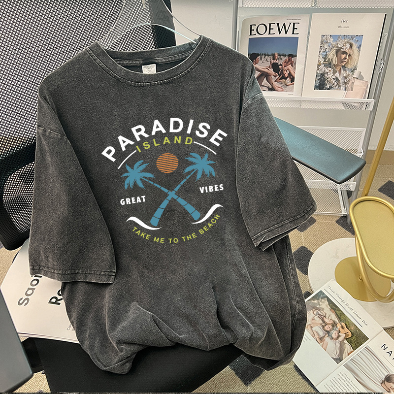 2024 Summer Short-sleeved T-shirt Women's Pure Cotton Washed Vintage American Style Denim Fashionable Washed Top Women's All-match Round Neck