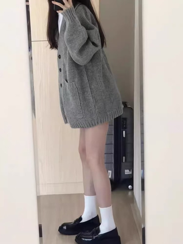 复古慵懒风V领100羊毛中长款毛衣开衫女宽松加厚大码针织上衣打底|undefined