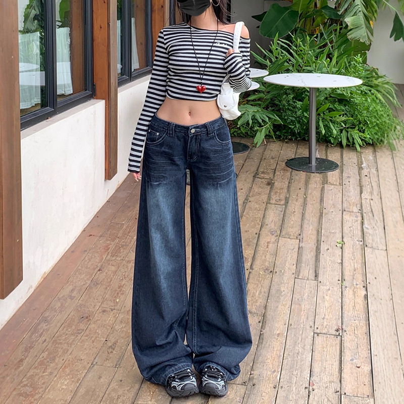Autumn Dark Blue Wide-Leg Jeans for Women, Low-Waist Wide-Leg Jeans for Women, Loose Slimming Trousers for Women