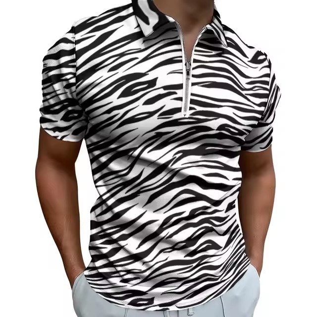 Camisa POLO con cremallera de manga corta suelta y transpirable con estampado 3D de graffiti a rayas irregulares de colores personalizados para hombres
