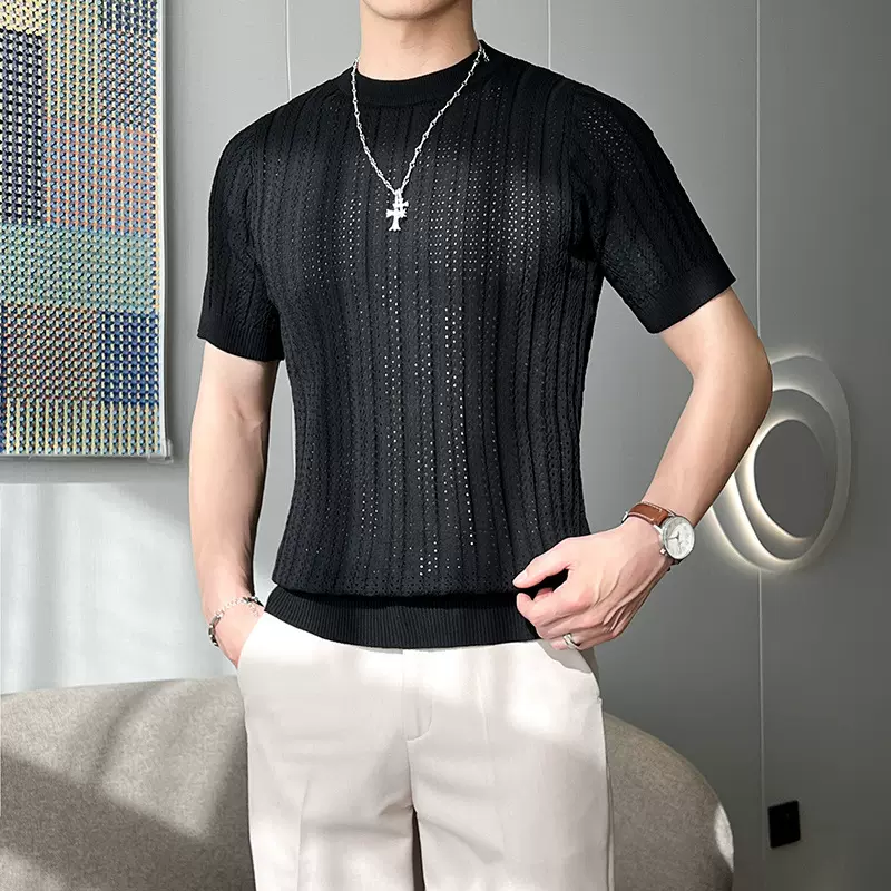 轻熟风冰爽丝针织衫潮男设计感小高领短袖凉薄透气修身型中领恤