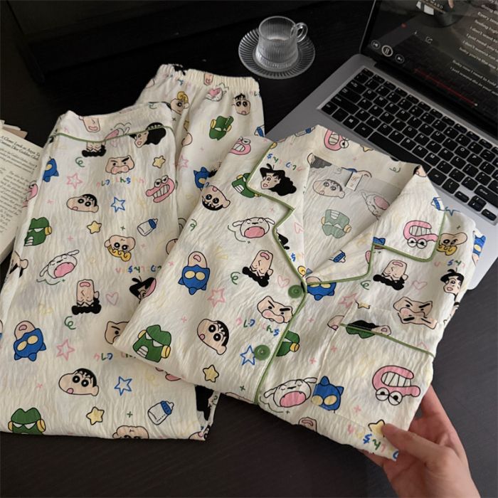 Al por mayor transfronterizo nuevo pijama de mujer pantalones de manga larga nubes de algodón lindos dibujos animados estudiantes cardigan con solapa cubierta de ropa para el hogar