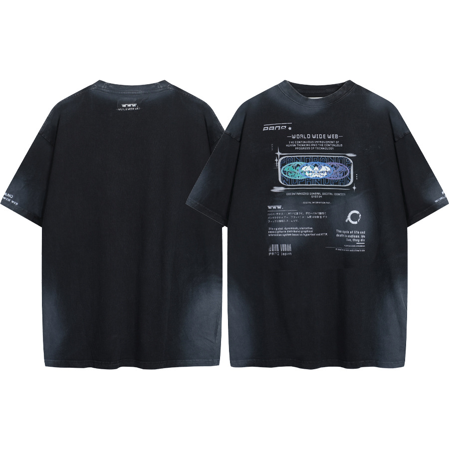 PANQ WORLD WIDE WEB Camiseta de manga corta con impresión de lavado de agua para hombre