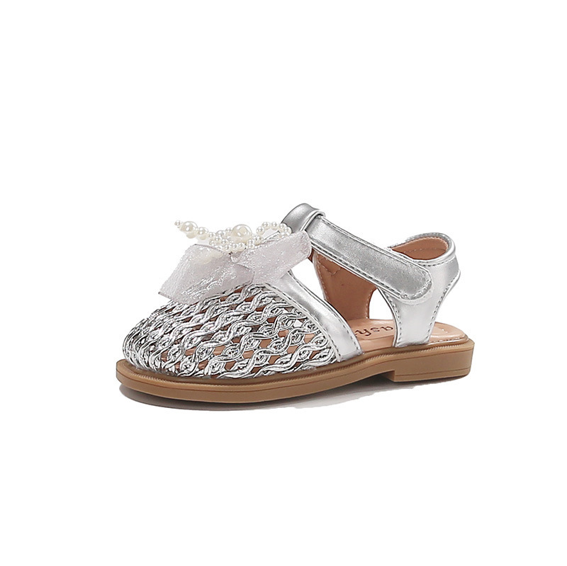 Mother & Kids Girls Lace Bow Knot Woven Hollow Out Sandals Summer Pearl Princess Beach Shoes Stylish Clogs For Formal & Casual For Women_voghion.com