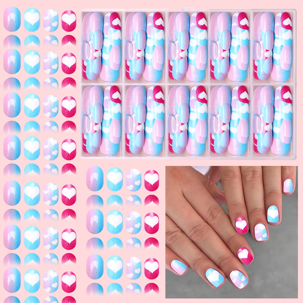 Nuevo niño impresión UV desgaste de uñas 120 piezas de caja de uñas falsas lindas dibujos animados mezclados parches de uñas