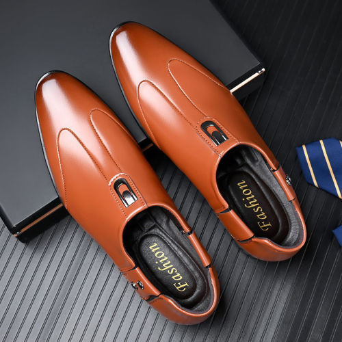 Autumn and Winter Men's Business Formal Leather Shoes, Youth Toe-Button Shoes, British Style Shoes, Black, with Warm Padding