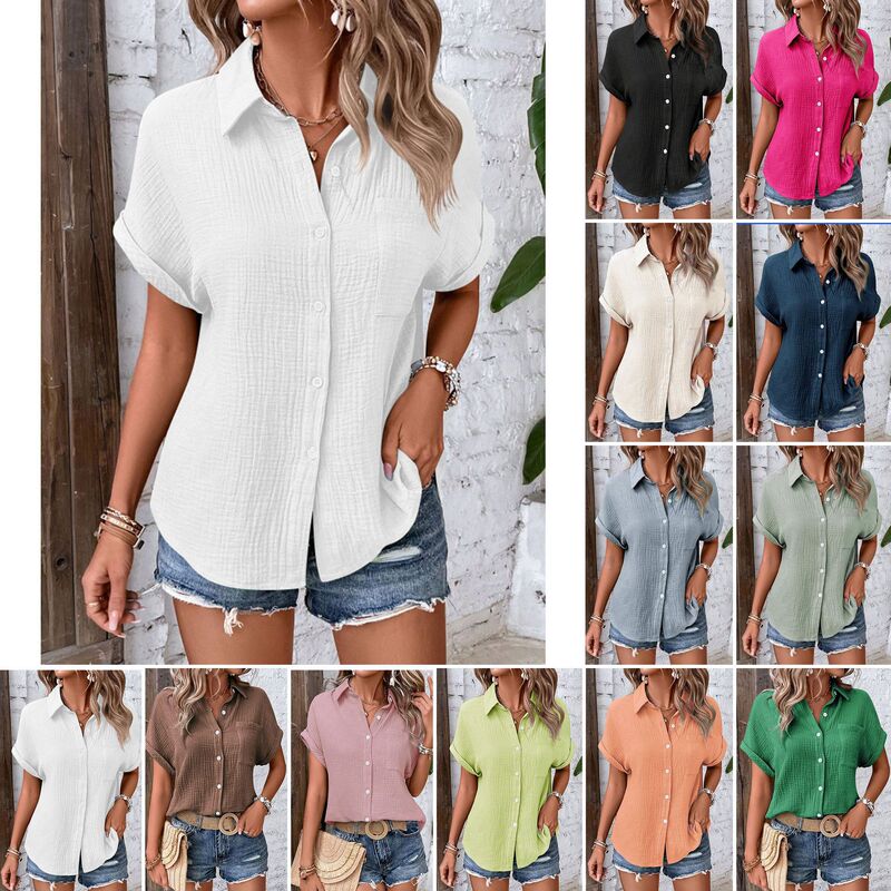 Cross-Border 2026 Amazon Summer New European and American Style Women's Pure Cotton Shirt Solid Color Casual Button-Down Shirt for Women Cross-Border 2026 Amazon Summer New European and American Style Women's Pure Cotton Shirt Solid Color Casual Button-Down Shirt for Women