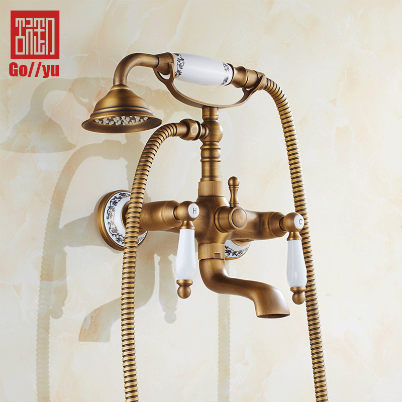 All-Copper Antique Bathtub Faucet Set, Blue and White Porcelain Base, In-Wall Double-Handle Telephone Shower Set for Bathing