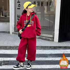 女童套装冬季加绒加厚红色上衣+裤子复合一件代发跨境2025新款