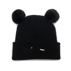 Cross-border sales of children's hooded hats, cute eyelashes embroidered imitated fox fur double ball knitted yarn hat 