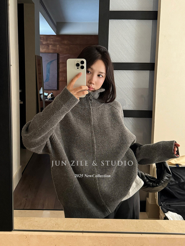 秋装女装高级感简约韩系灰色毛衣外套宽松显瘦高领拉链针织开衫|undefined
