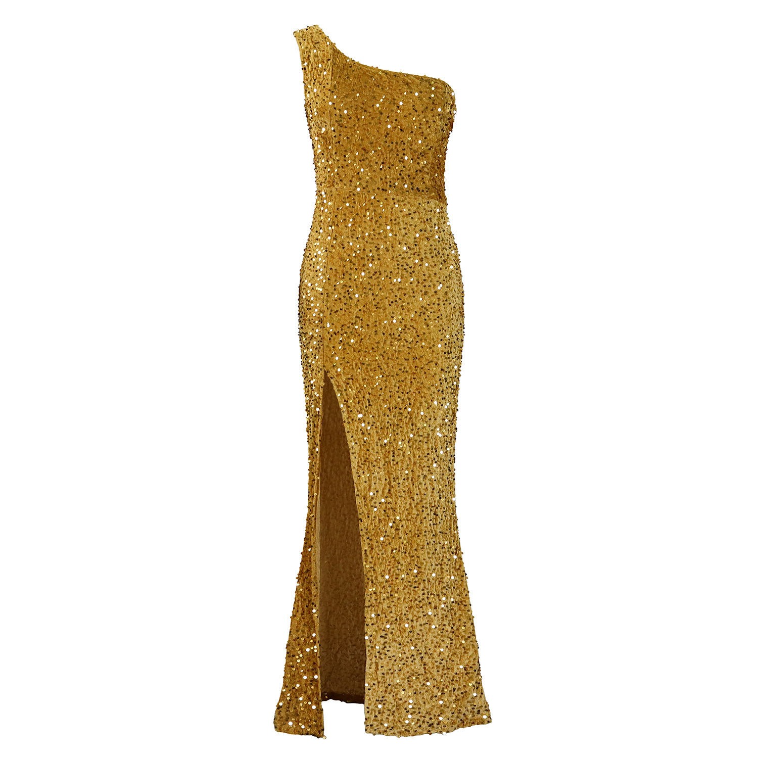 Elegant Sequin Maxi Dress Asymmetrical Shoulder High Slit Fashionable Design Evening Wear Party Dress Wholesale