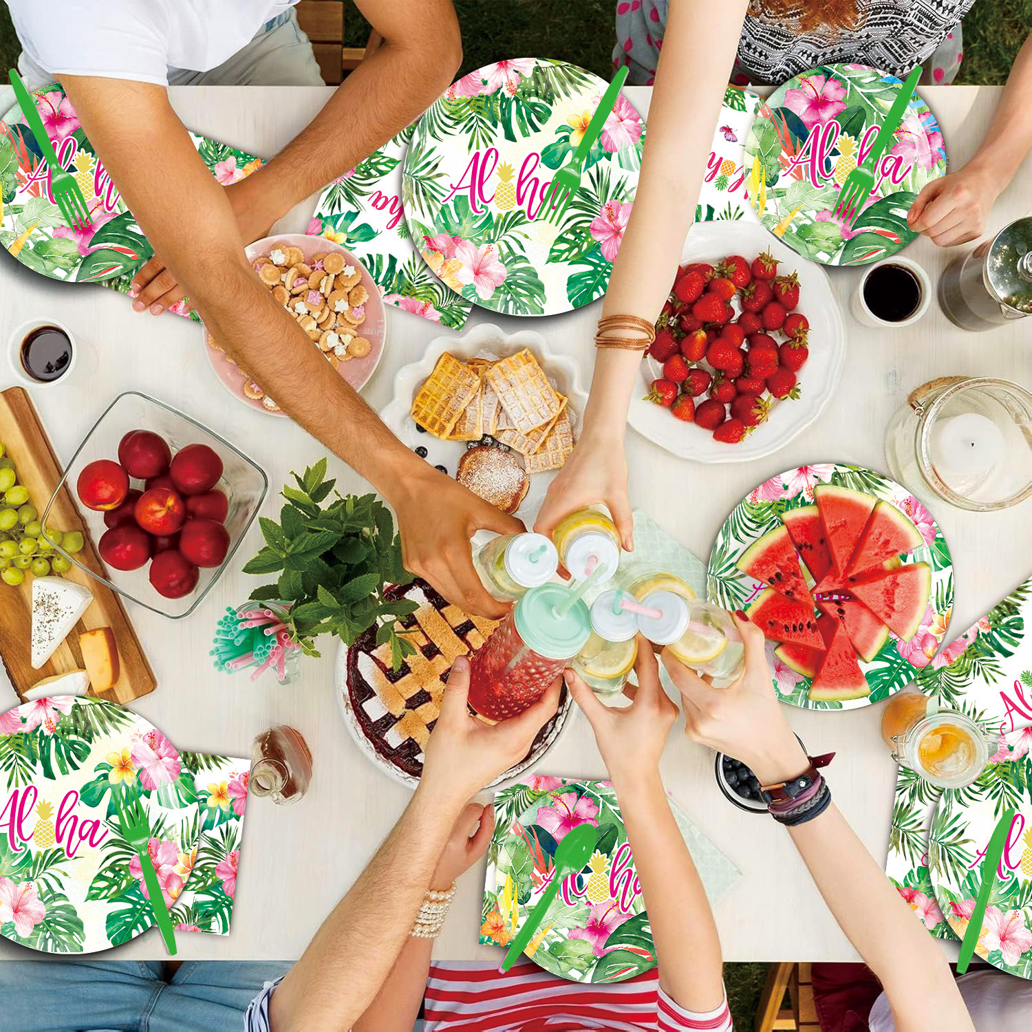 Verano tema hawaiano flamenco piña fiesta vajilla desechable bandeja de papel taza de papel bandera suministros de mantel