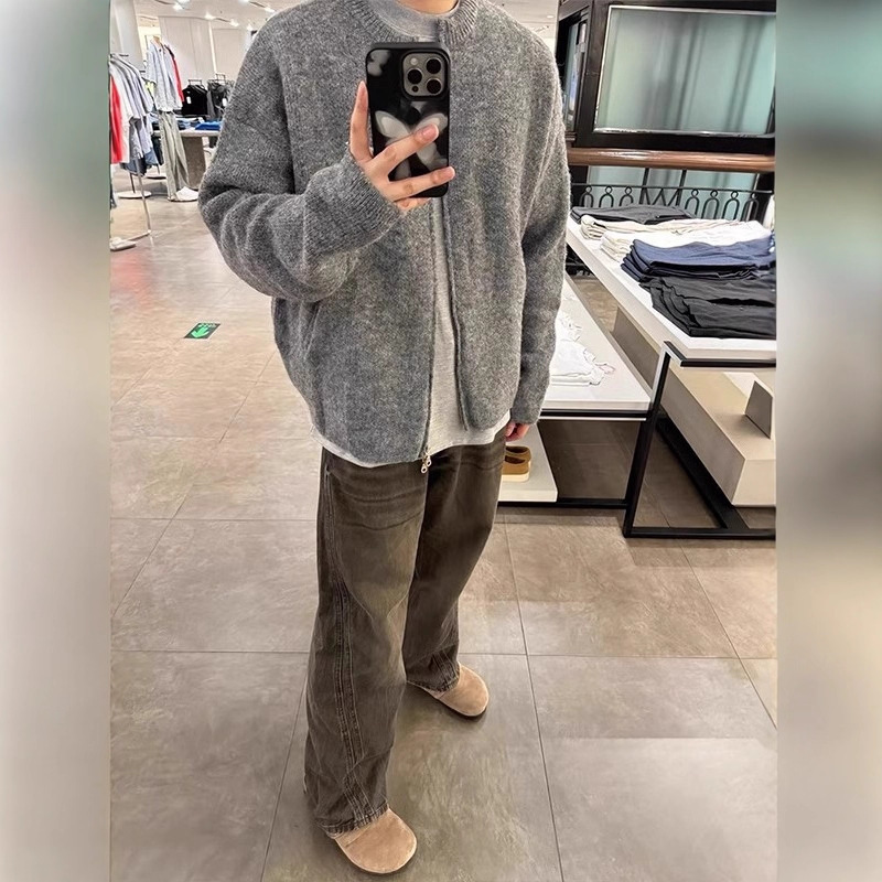 Versatile Mohair Knitted Cardigan Jacket for Men, Spring & Fall Zipper Sweater, Lazy Short Cleanfit Top