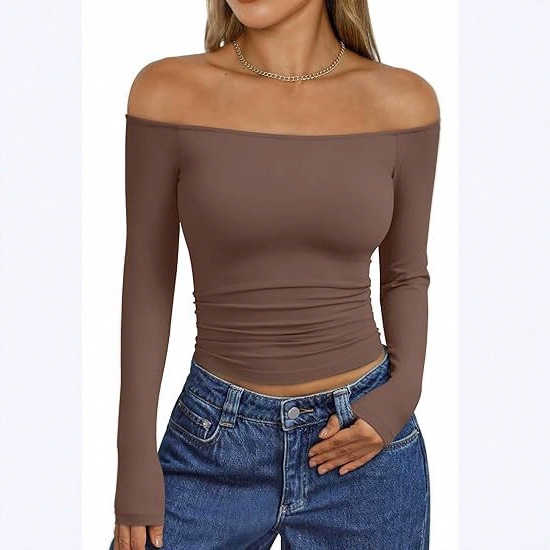 Ready-To-Ship Women's Long-Sleeve Off-Shoulder Top for Going Out, Cute Basic Y2K Autumn Fashion 2025 Clothing