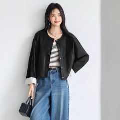 女2025秋季新款翻边袖复古设计抽绳百搭休闲皮衣短外套1G8911151