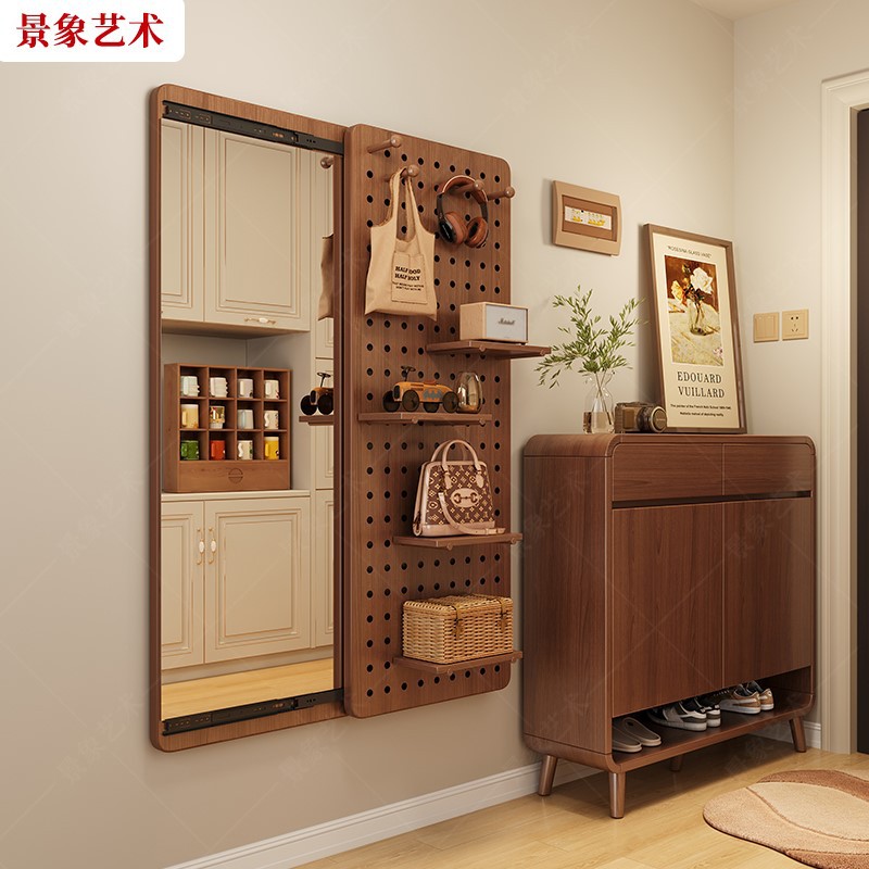 Espejo de vestir de madera sólida, puerta de entrada doméstica cerrada, espejo de cuerpo entero empujado y tirado, espejo de prueba de pared