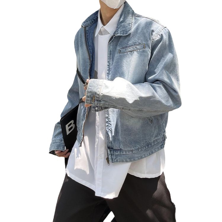 Hombrera nicho de diseño de alto grado corto otoño vintage lavado Denim chaqueta abrigo hombres ins ruoshuai