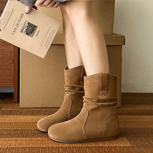 Women's Round Head Flat Short Boots Autumn/Winter Fleece Thick Short Boots Pile Boots Wasteland Wind Short Boots for Women