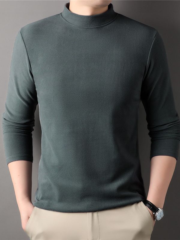 Camiseta de base de terciopelo de doble cara con cuello medio alto para hombre, otoño 2025, sudadera de terciopelo alemán, fabricante de camisetas de manga larga de color sólido cepillado para hombre.