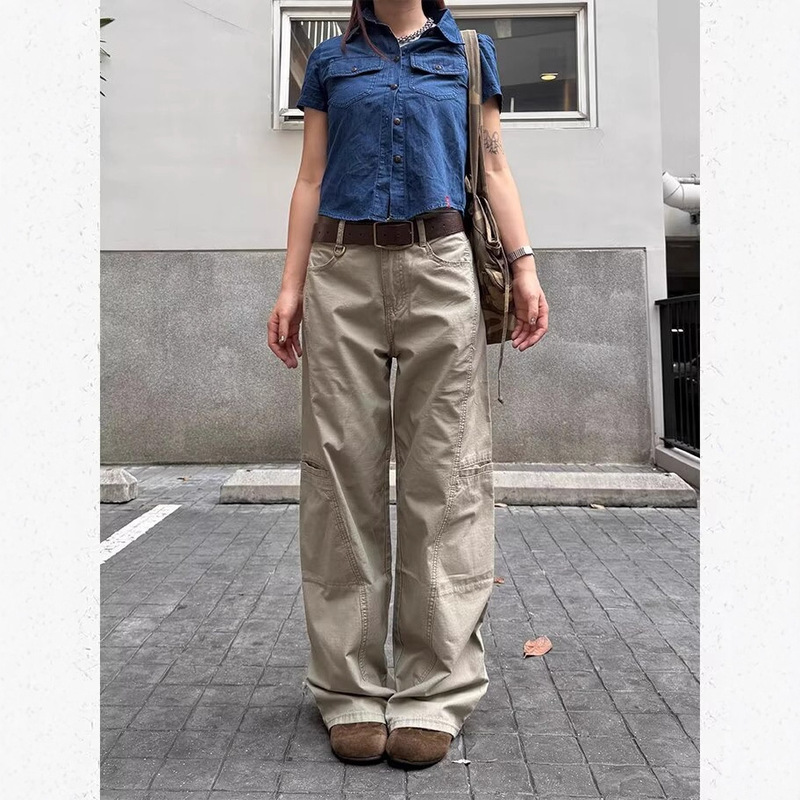 American Retro Multi-Pocket Straight Cut Cargo Pants Unisex Loose Casual Pure Cotton Patchwork Long Pants Trendy