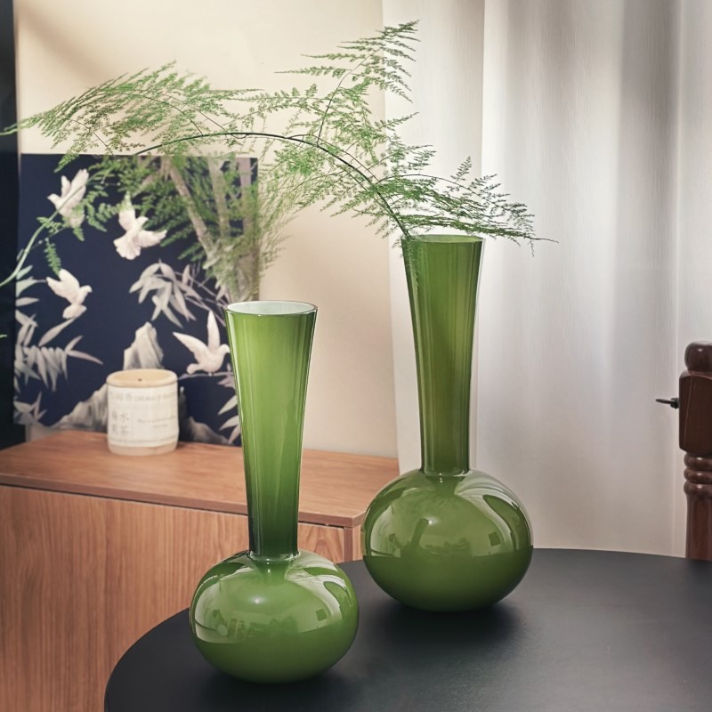 中古橄欖綠玻璃花瓶高級感客廳裝飾擺件蝴蝶蘭水培插花器法式輕奢