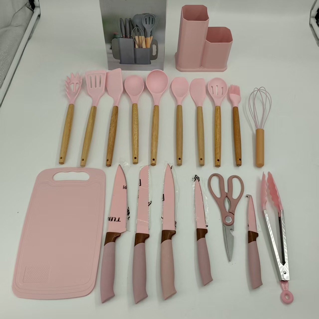 Utensilios de cocina de silicona transfronterizos, juego de 19 piezas, cubo de almacenamiento de herramientas de cocina, juego de cuchillos de cocina