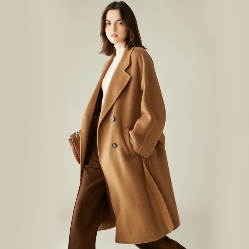 New autumn and winter thickened 30% camel wool double-sided wool coat with a turn-down collar, double-breasted, mid-length, women's wool coat with a belt New autumn and winter thickened 30% camel wool double-sided wool coat with a turn-down collar, double-breasted, mid-length, women's wool coat with a belt
