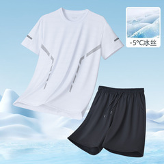男士運動套裝夏季新款短袖T恤短褲健身晨跑服冰絲速干兩件套外穿
