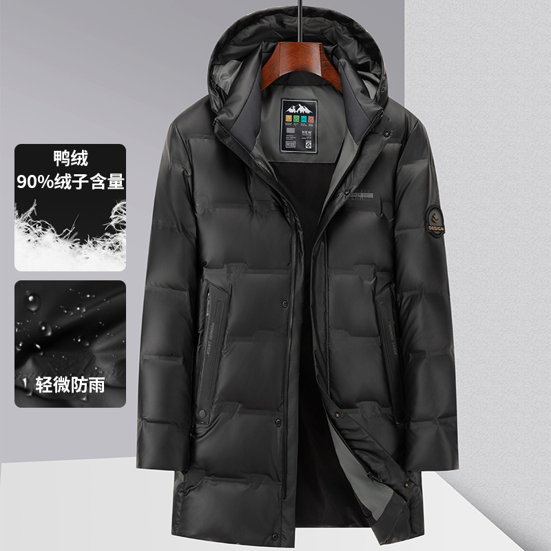 New Down Jacket Men's Middle and Long Hooded Down Jacket Cold-proof Warm Young and Middle-aged PU Leather Waterproof Down Jacket
