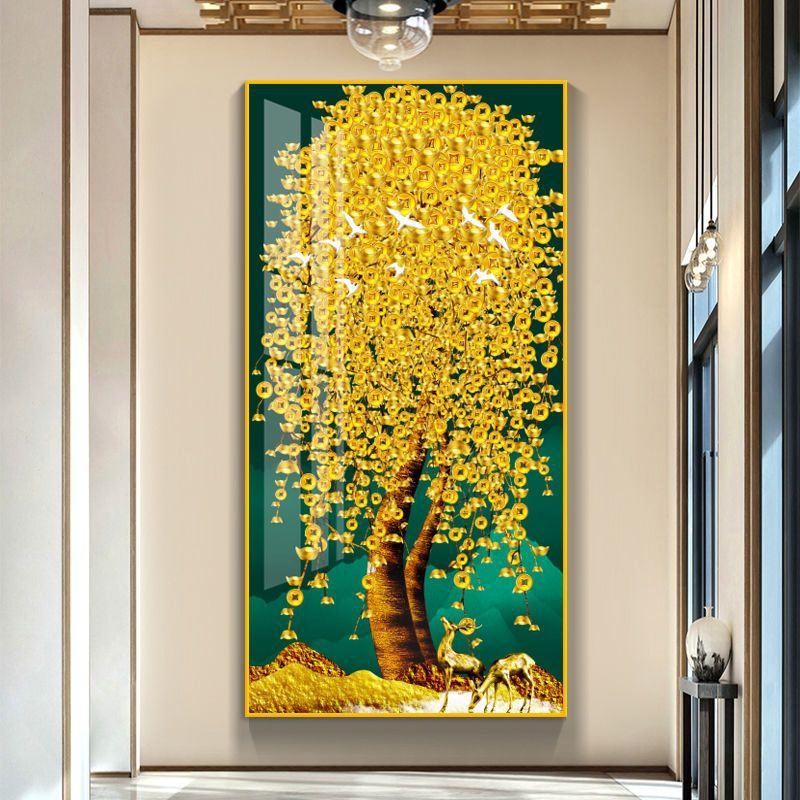 新中式轻奢玄关画高级感过道画入户走廊灯光镶钻画发财树装饰挂画
