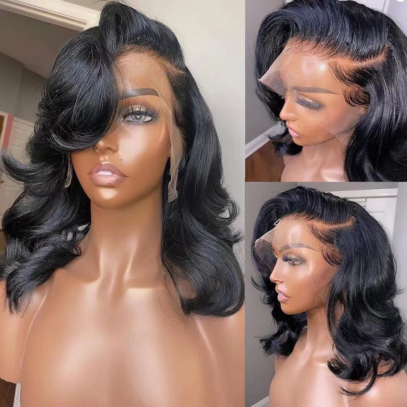 Cross-Border European and American Women's Black Medium-Parted Big Wave Short Curly Wig 13*4 Lace Front Fashion Trendy Hairpiece