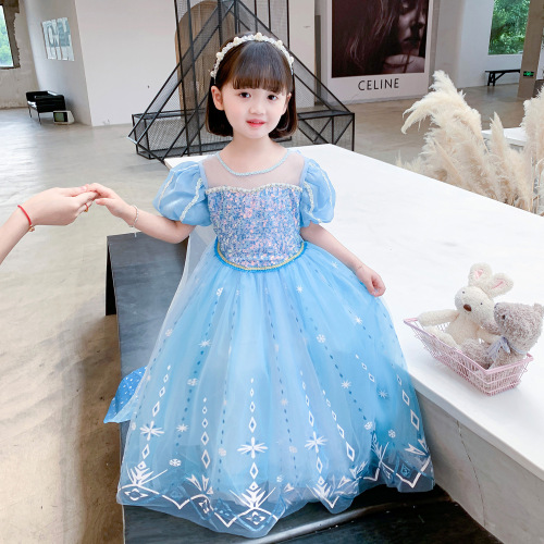 Summer Elsa 2 Princess Dress Frozen Elsa Girls Short Sleeve Dress Elsa Children's Day New Dress