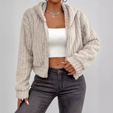 欧美跨境热销款连帽拉链短款毛绒上衣外套女